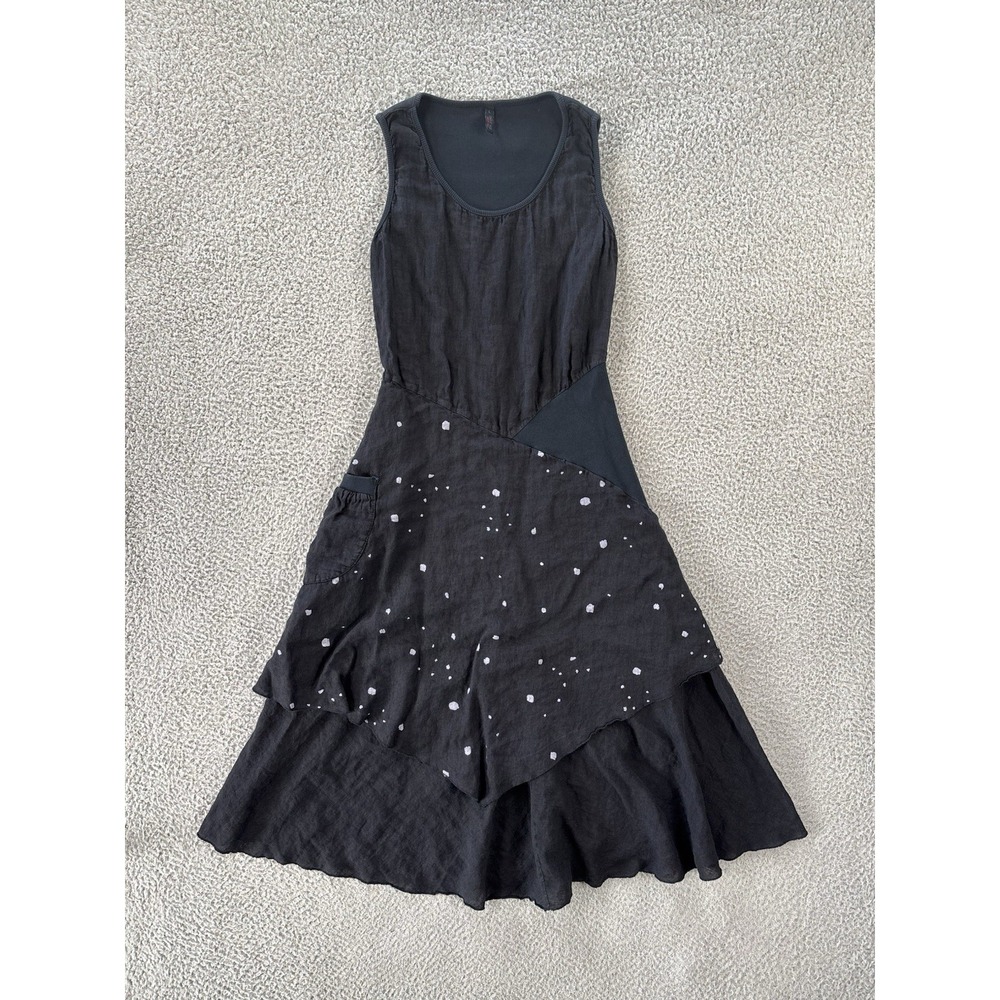 Inizio Magic Linen Tank Dress Womens L Black Splatter Sleeveless Asymmetrical‎